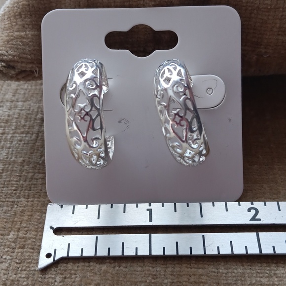 Silver Tone Cut Out Hoop Earrings - Picture 1 of 4